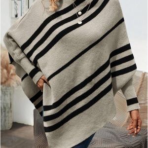 NWT- SHEIN LUNE Striped Pattern Mock Neck Batwing Sleeve Poncho Sweater-SMALL